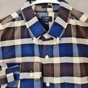 J Crew Button Up Shirt Mens L  Blue Brown‎ Plaid Oxford Slim Long Sleeve Cotton